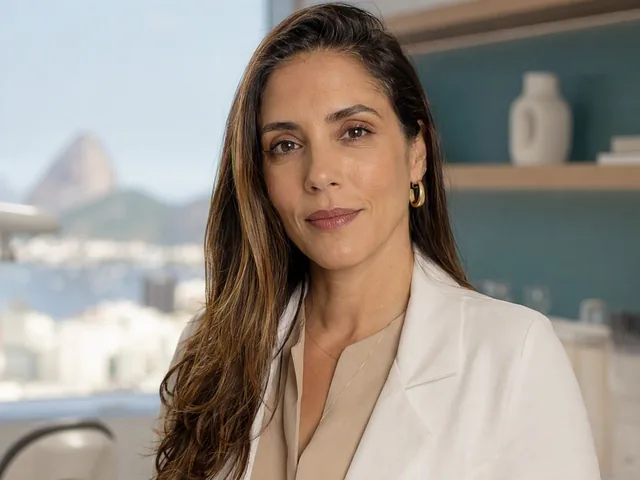 Generated portrait of the fictional character Dr Helena Avelar in a contemporary clinical setting.